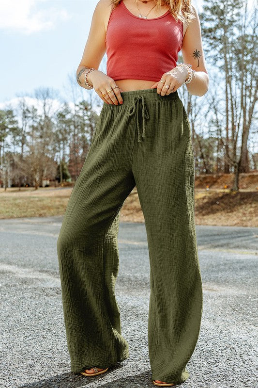 Summer Tides: Green Crinkle Textured Wide Leg Pants – Fate & Co.
