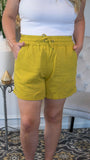 Wanderlust Linen Drawstring-Waist Shorts with Pockets- Golden Wasabi - Fate & Co.