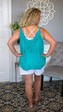 Field of Dreams Flowing Turquoise Tank Blouse with Lace Yoke - TBD - Fate & Co. looking chic and festive. Pair this top off with your favorite jeans for an outfit that can go from zero to hero in under two minutes flat! 