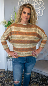 Aztec print is all the rage this fall and we are excited to jump on board with this fun new top! Featuring a soft boat neckline, dolman 3/4 length sleeve and earth tone aztec pattern , this relaxed fit top will be a definite go-to in your fall/winter collection! Pair with any light or dark wash denim jeans and booties for a fresh , fun a stylish look!   Made in USA