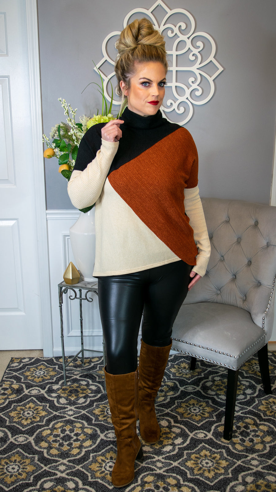Change of Pace: Color Blocked Turtleneck Ribbed Knit Tunic Top: Black/ –  Fate & Co.