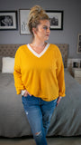 Cover me in Sunshine : Chunky Mustard and Cream Lightweight Waffle V Neck Sweater