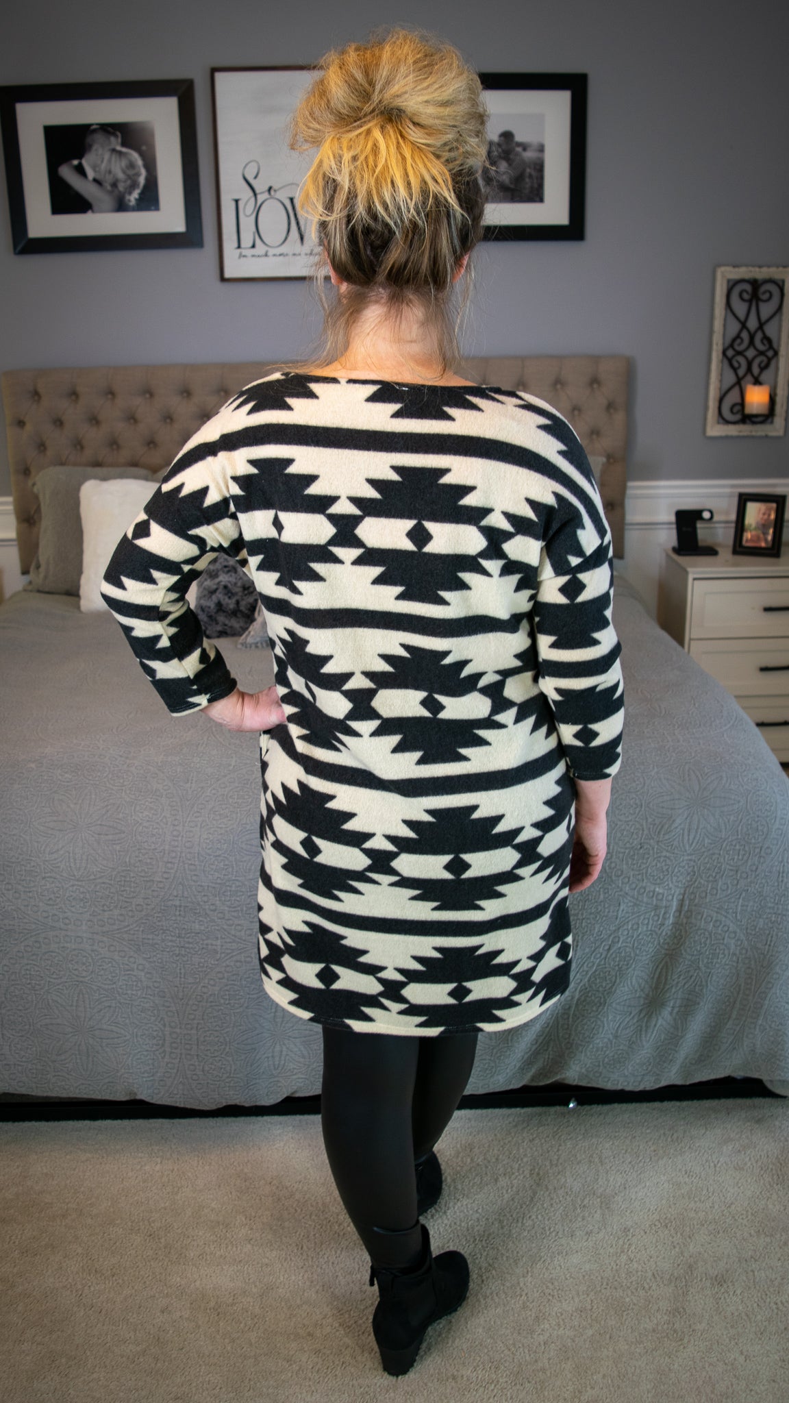 In My Dreams : 3/4 Sleeve Black and Cream Aztec Dress w/Pockets – Fate & Co.