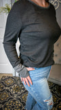 Smoke and Mirrors: Charcoal Waffle Knit Top w/Thumb Open Contrast Cuffs and Elbow Patch Detail