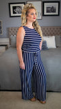 Waters Edge: Navy and White Stripe Sleeveless Jumpsuit w/ Pockets